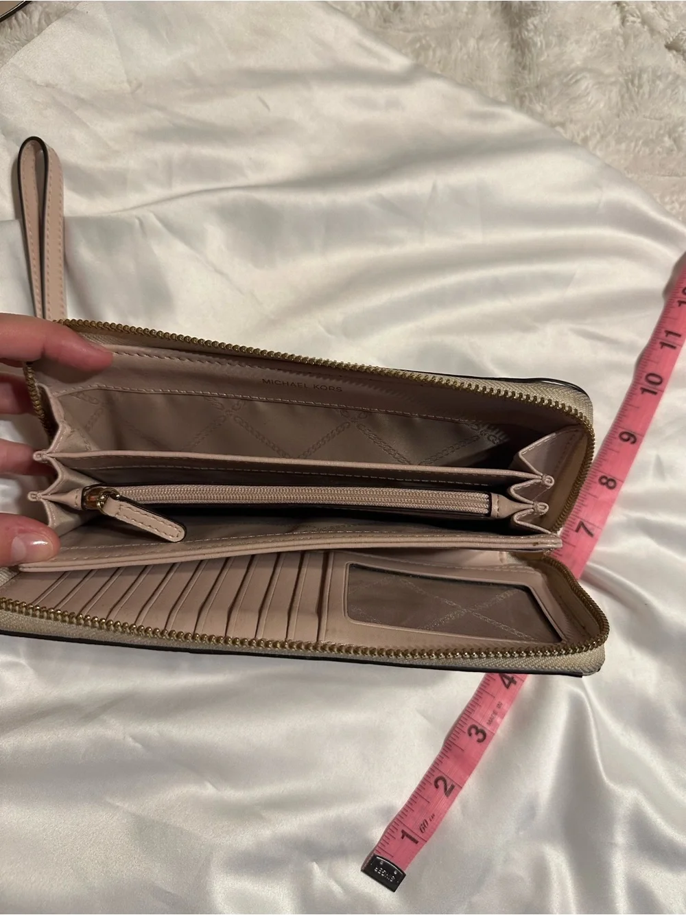Michael Kors Beige and Light Pink Signature Zip Wallet Wristlet